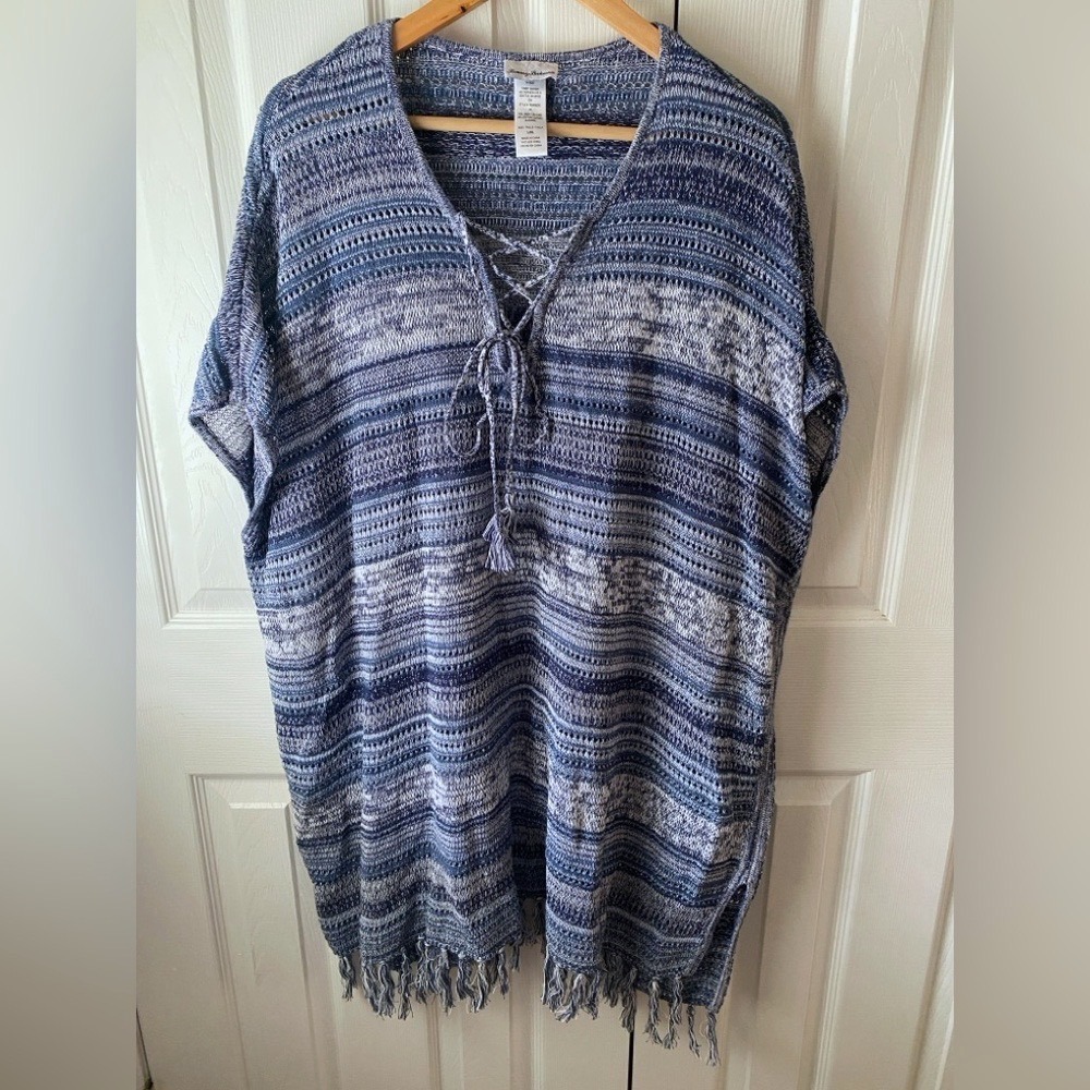 Tommy Bahama Blue Heather Linen Blend Oversized Fringed Coverup Poncho L/XL
